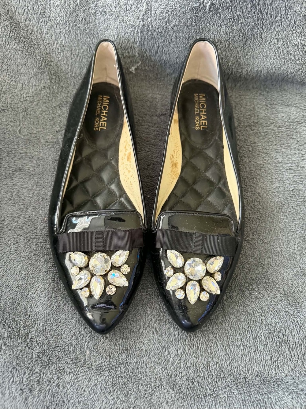 MICHAEL Michael Kors Black Patent Pointed Flats with Crystal Embellishment